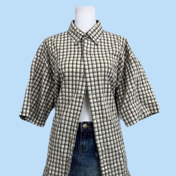 brown white and beige plaid y2k skate short sleeve button up shirt - Picture 1 of 8
